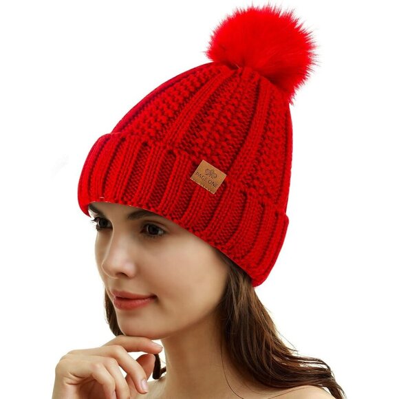 Women\'s Faux Fur Fleece Lined Dark Red Winter Thick Pom Skull Beanie Hat Cap main image 6